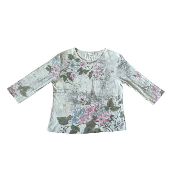 Y2K Christopher & Banks Eiffel Tower Top XL Green-Pink Floral Fairy Rhinestone - Picture 1 of 7